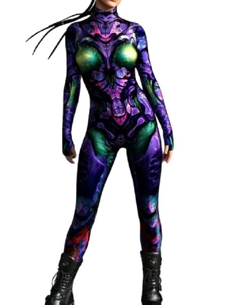 Women's Geometric Print Bodycon Jumpsuit Purple &amp; Green Long Sleeve-L