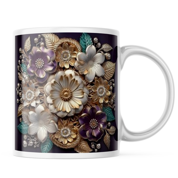 Ceramic 3D Black and White Flowers Mug - White - 11 OZ