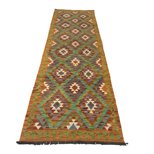 308 x 86cm Orange/Multi Wool Hand Woven Afghan Kilim Chobi Runner Rug