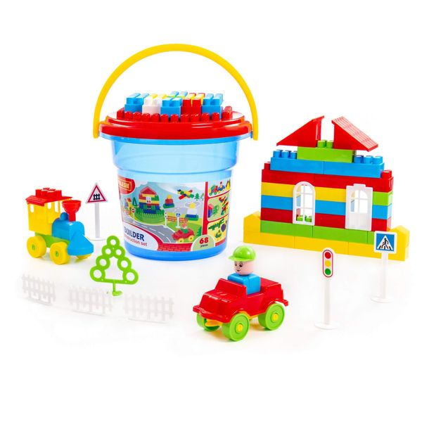 68 Piece Building Blocks Set with Car and Train Set in Bucket