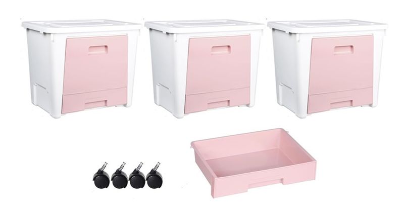 3 x 60L Organiser Storage Boxes with Drawer &amp; 4 Castor Wheels