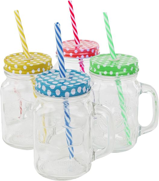 Mixed Designs Handled Cold Drink Jars with Lid and Straw - 450ml - 4 Pack