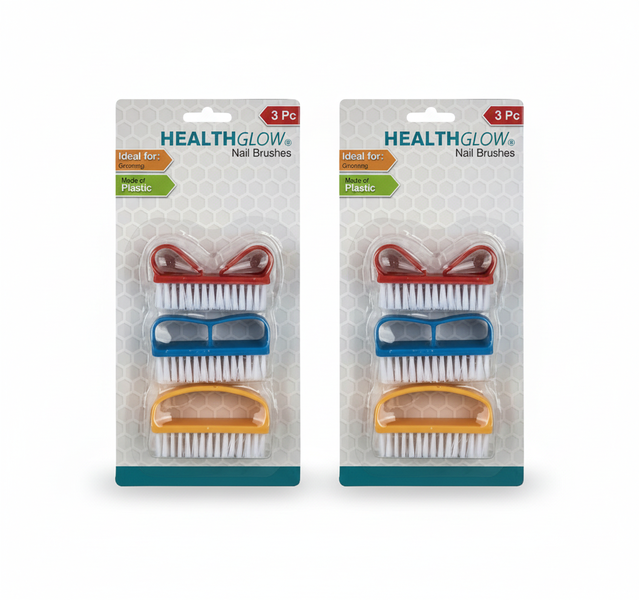 Healthglow Nail Brush Set - 3 Piece Assorted Colour Grip Brushes - 2 Pack