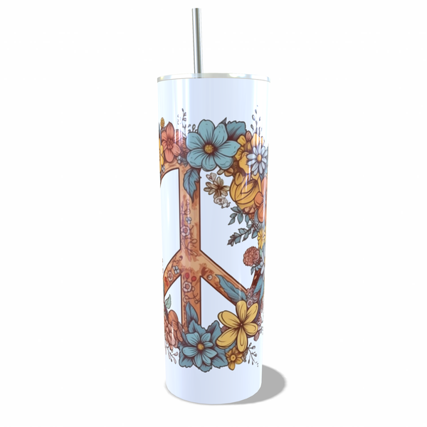 Double Wall Travel Tumbler - Peace Symbol with Flowers