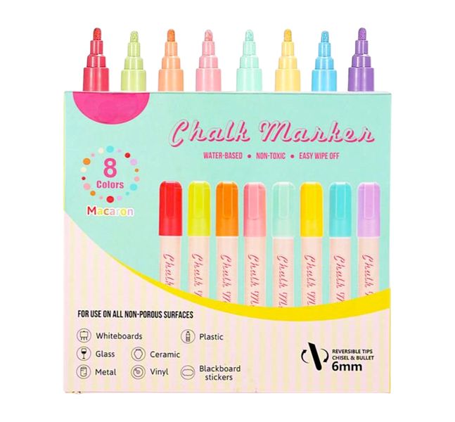 8-Color Macaron Chalk Markers with 6mm Reversible Tips Chisel &amp; Bullet