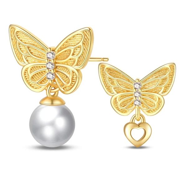 S925 Gold Butterfly Pearl Earrings, Asymmetrical Heart Drop Studs for Women