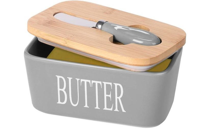 Ceramic Butter Dish with Bamboo Lid &amp; Butter Spreader Knife