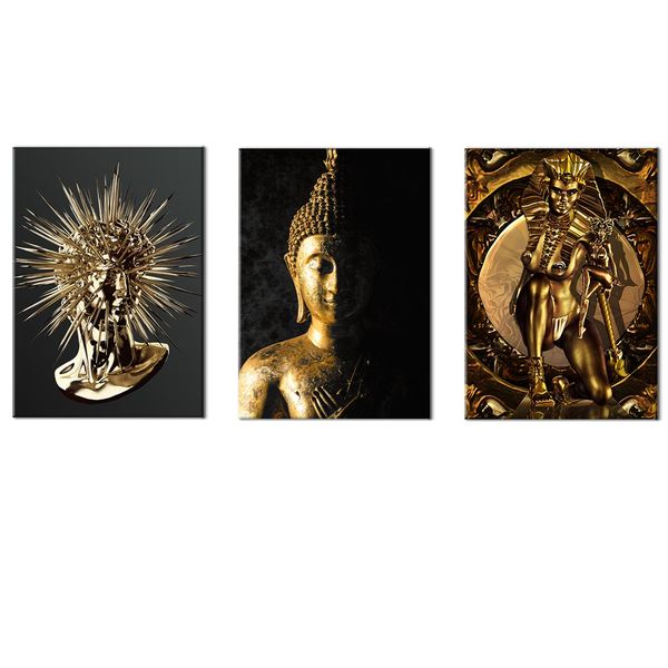 Canvas-Art-3 Pieces Black &amp; Gold OLd Famous Statues Wall Art