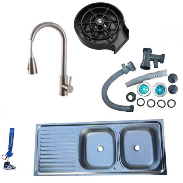 Sink Double Non-drop in Sink with Silver Pull-out Faucet &amp; Glass Washer