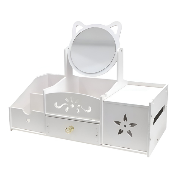 Cute White Desktop Vanity Organizer with Cat-Ear Mirror