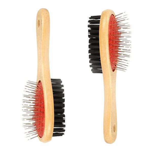 2Pcs Pet Grooming Brush, 2-in-1 Pin and Bristle Combo, Anti-Slip Handle