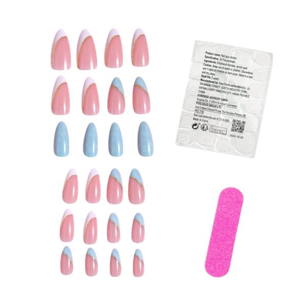 24 Piece Almond Square Glitter Detail Press-On Nail Set - White/Blue