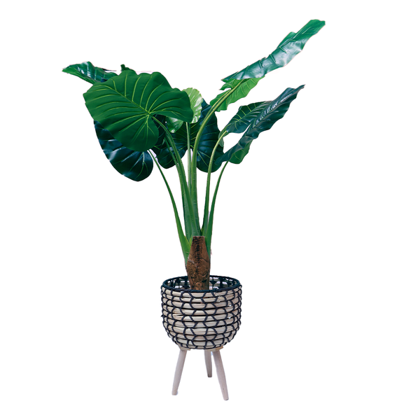 Tropical Alocasia Luxe Faux Plant in Woven Tripod Pot