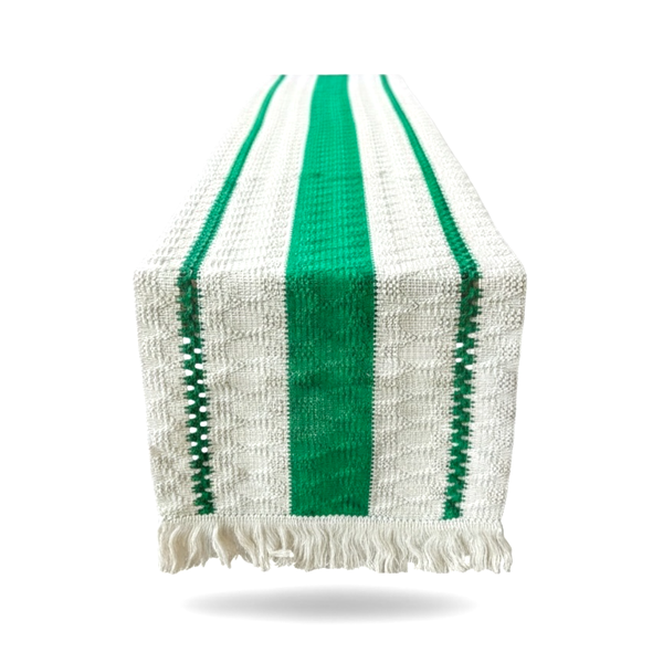 Green &amp; Cream Cotton Crochet-Look Table Runner - Boho Inspired - 30 × 180cm