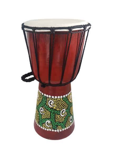 Djembe Hand Drum Hand Painted - Green Yellow White Twirl - 30cm