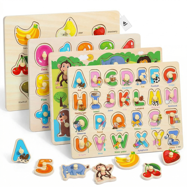 Topika Kids Wooden Puzzles Include Animals Numbers Letters Fruits Matching