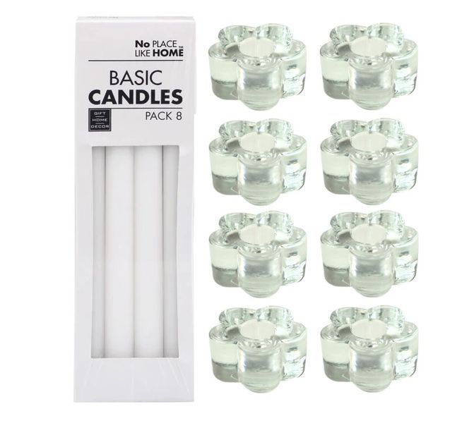 8pc Glass Candle Holder Daisy 5.5x3cm + 8pc White Candles 22.5cm