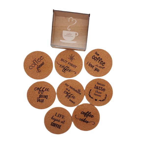 Cork Coaster set 8 piece Set Coffee Quotes Bar Everything Laser Barista