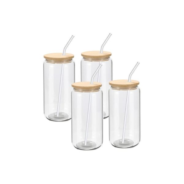 Clear Glass Drinking Can Shape Bottle with Bambo Lid and Glass Straw - 4 Pack