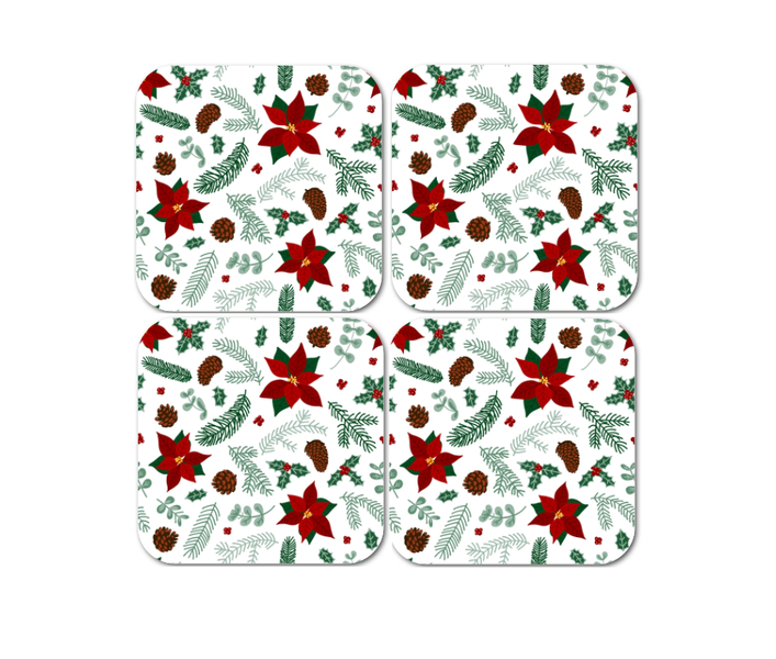 Christmas Poinsettias Coaster Set - 4 Wooden Coasters