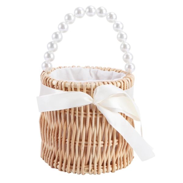 Decor Rattan Confetti Pearl Handle Wedding Flower Girl Basket (15.5cm)