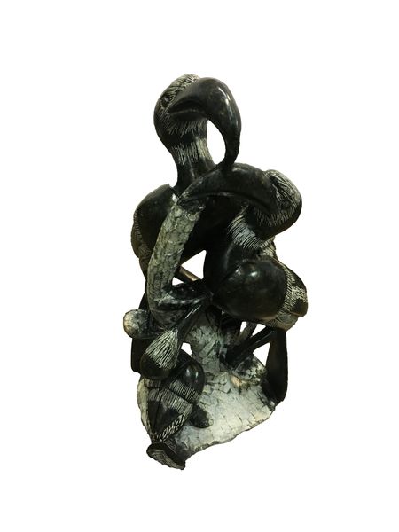Black Soapstone Hand-carved Bird Family Sculpture