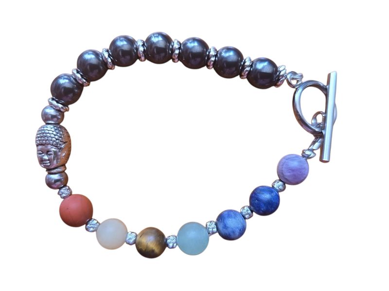 7 Chakra and Buddha Hematite and Matte Agate T Clasp Bracelet