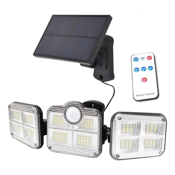 Solar Sensor Wall Light 3 head Rotatable 122 LED Waterproof With Remote