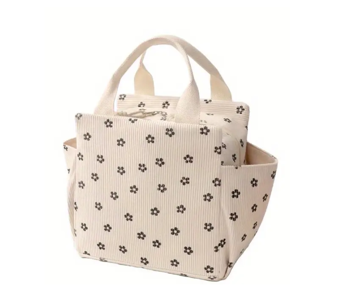 Corduroy Lunch Tote Bag Insulated Warm &amp; Cool with Side Pockets Work Flower
