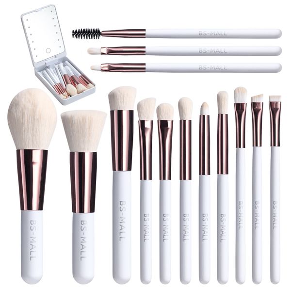 Travel Makeup Brush Set,with LED light Mirror 14 Pcs