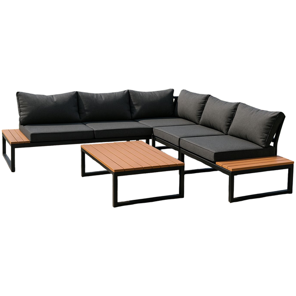 L-Shaped Sofa Set - Steel Frame, Thick Cushions &amp; Polywood Table