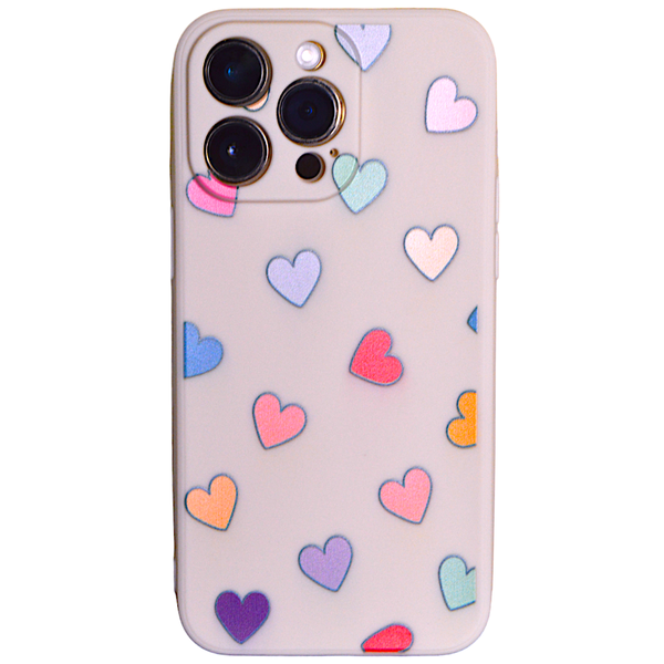 Cream - Case with Tiny Multi Colour Hearts &amp; Pro Cam - Iphone 15 Pro Max