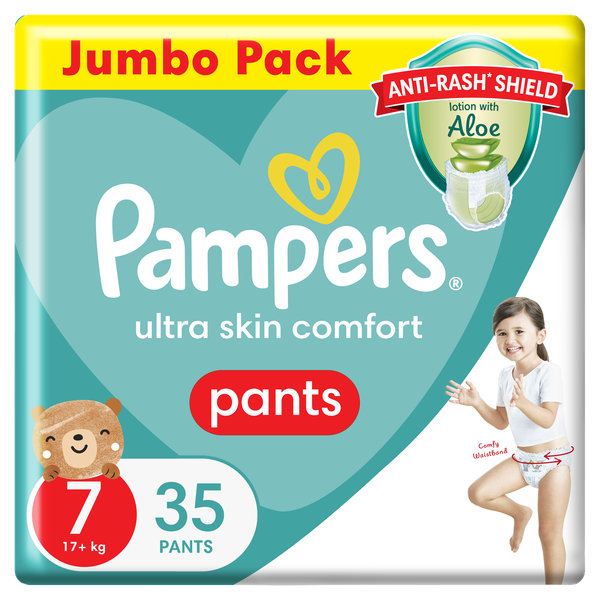 Pampers Anti-Rash Shield Pants Size 7 (17+ kg) 35 Nappies, Lotion With Aloe