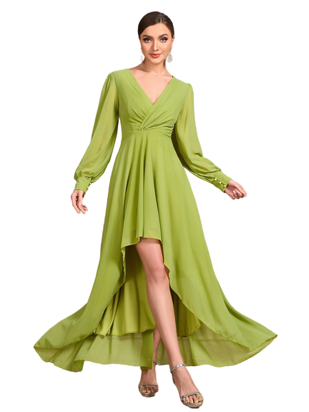 Ladies' plus size elegant solid color slim fit long sleeved chiffon dress