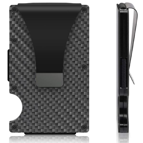 Slim Minimalist Wallet RFID Blocking Carbon Fiber Credit Card Holder -Black