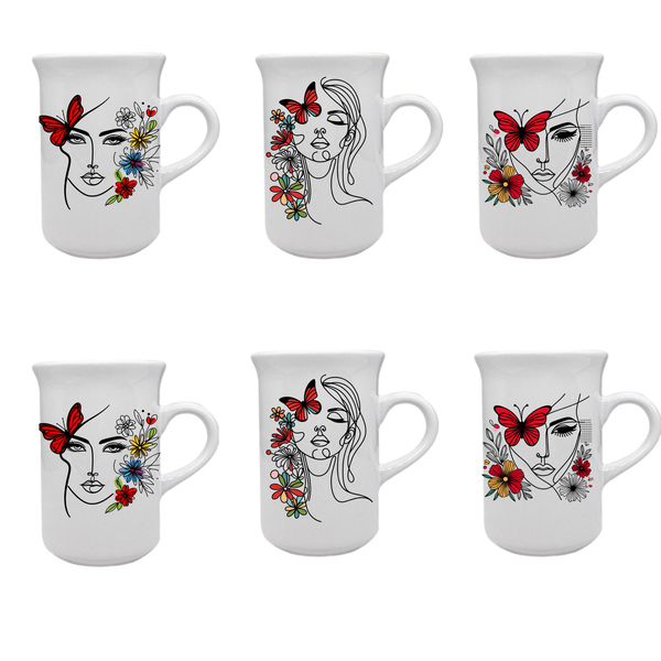 Face &amp; Flowers Printed - Ceramic 6 Pack Mug Set