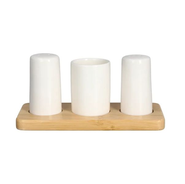 Porcelain Salt and Pepper Shaker Set with Wooden Stand and Toothpick Holder