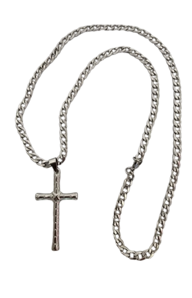 Stainless Steel Patterned Round Cross With Heavy Curb Link Chain