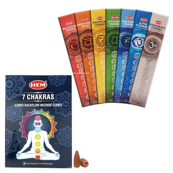 HEM 7 Chakra Premium Incense Sticks &amp; 7 Chakra Jumbo Backflow Incense Cones