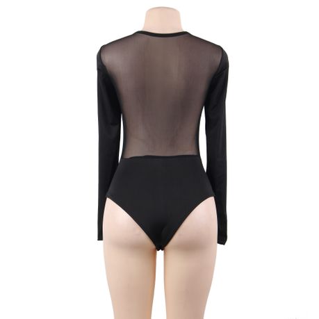Edendiva's Black Lace Wind Button Mature Transparent Sexy Bodysuit