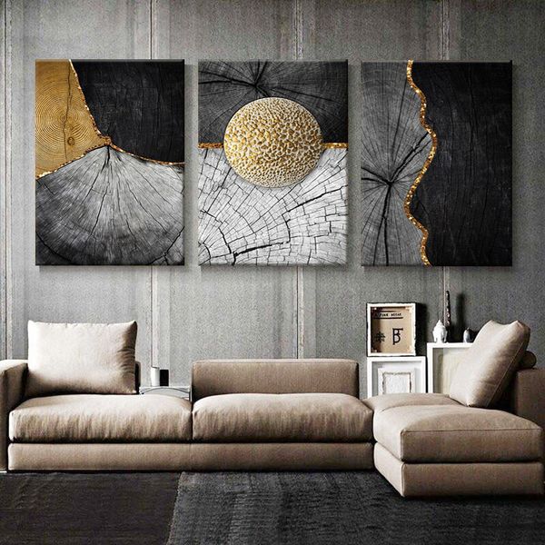 Modern 3-Piece Gold Black Wood Grain Abstract Canvas Print Wall Art Decor