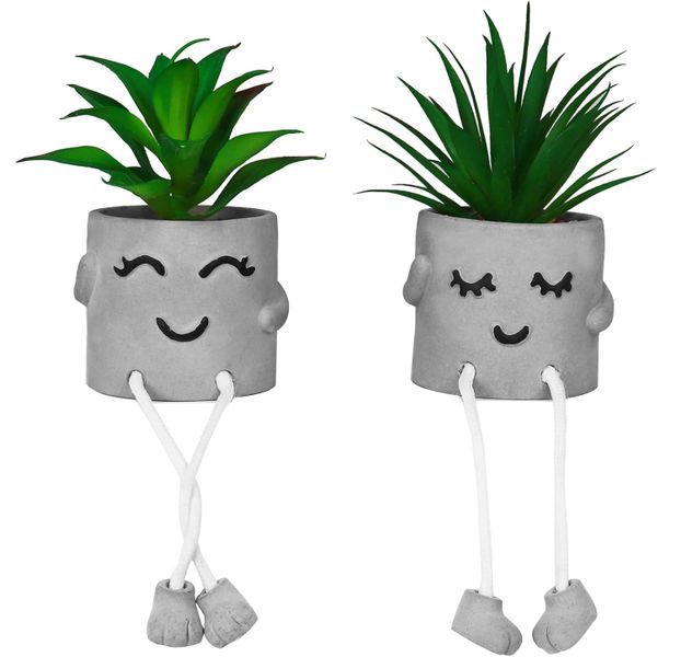 2PCS Potted Mini Fake Plant,Faux Succulents in Cement Pots with Hanging Leg