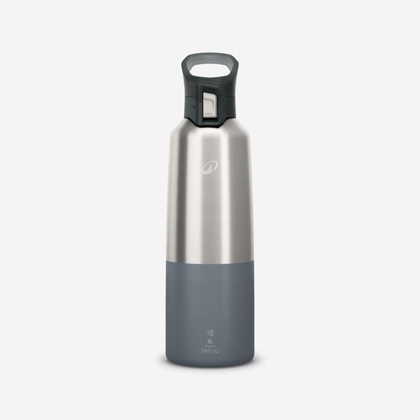 Quechua 1L Insulated Stainless Steel Flask 900 with Quick-Release Cap for Hiking - Grey