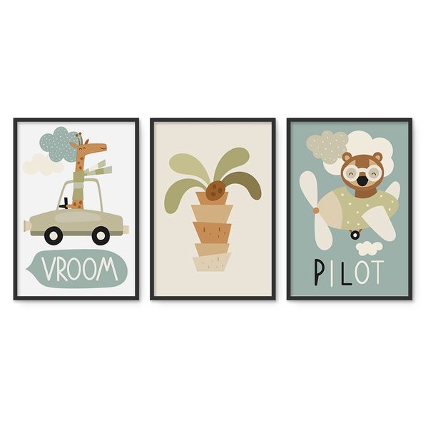 Cape Art Framed Canvas 3 Piece 35x50cm Kids Giraffe Plant Bear