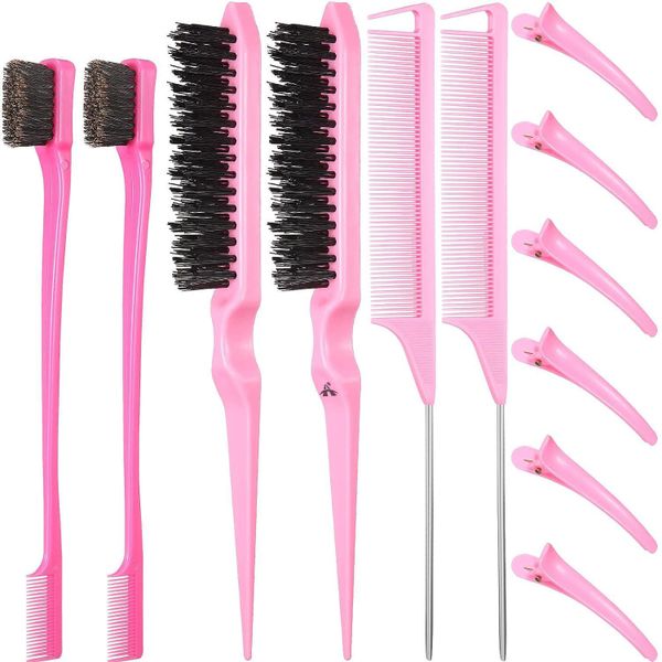 ALANES 12 Piece Teasing Hair Brush Rat Tail Comb with Duckbill Clips