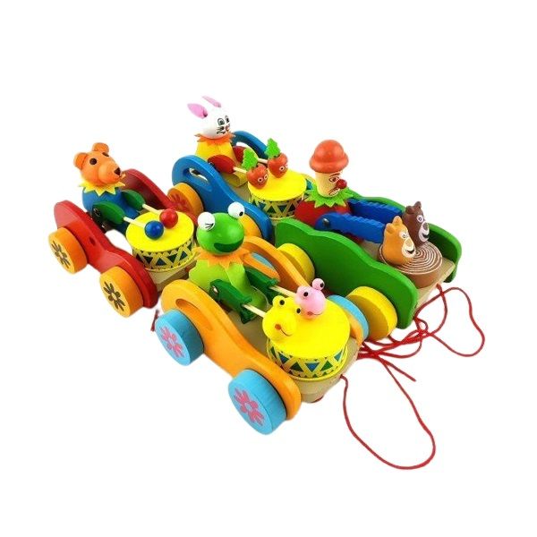 Wooden Pull Along Drum Car 13cm - 4 Piece