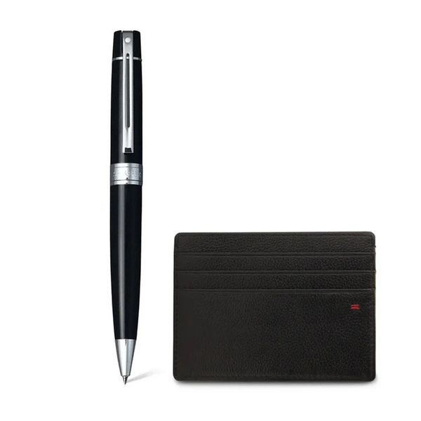 Sheaffer 300 Gift Set - Glossy Black Pen with Chrome Trim &amp; Card Holder