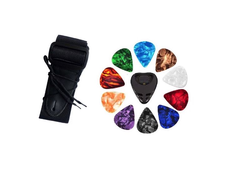 Black Guitar Strap With Pick Box and Plectrums