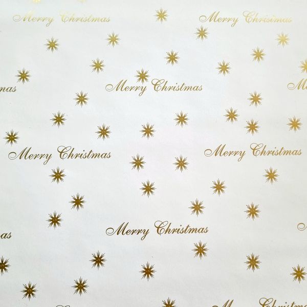 Gold Merry Christmas &amp; Snow Flakes on White -10m