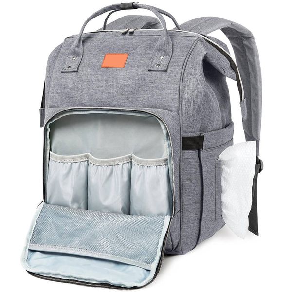 Grey Diaper Bag Backpack with Insulated Bottle Pockets, Large Nappy Bag